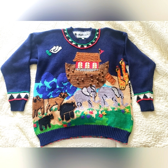 Vintage IsKnitCute! Hand Knit Noah’s Ark Sweater Embroidered Size 2 = Large - Picture 1 of 5